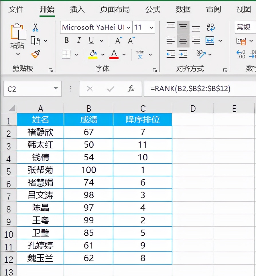 Excel排位函数RANK的使用方法